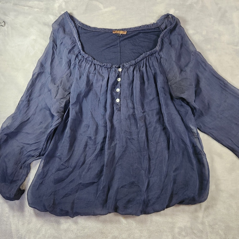 Piazza Roma Navy Sheer Silk Peasant Blouse Women M Long Sleeve Bubble Hem Boho
